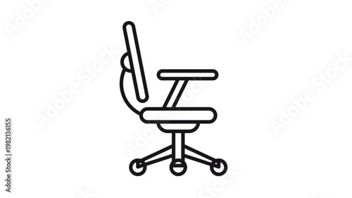 Black vector icon of a modern ergonomic office chair with wheels and armrests, minimalist line art illustration for business, workplace, furniture, and interior design concepts.