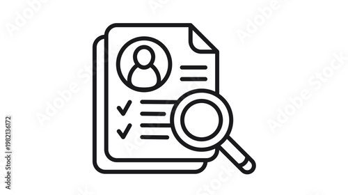Black minimalist vector icon illustration of a resume or profile document being reviewed with a magnifying glass, representing recruitment, job search, candidate screening, and HR processes.