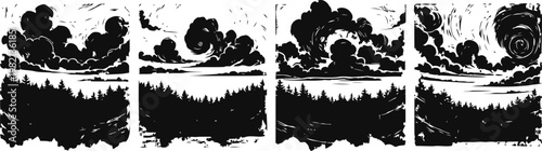 four landscape frames featuring forest, cloudy sky, and moon phases illustrating day to night transition