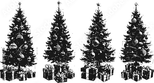 decorated christmas trees with star toppers and festive gift boxes arranged below in black silhouette