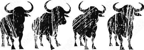 four distressed buffalo silhouettes wild animal icons with rough texture and grunge effect buffalo symbols for rustic designs