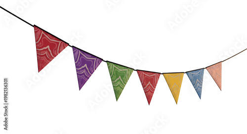 A string of colorful triangular bunting flags with intricate patterns, strung on a dark cord against a white background, festive decoration elements
