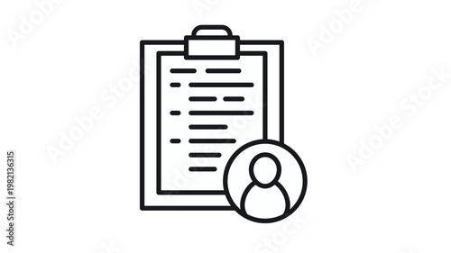 Black line vector icon illustration of a clipboard with a person profile symbol, representing a resume, medical record, patient file, or employee data, isolated on a white background.