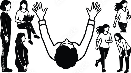 Black and white vector art multiple women silhouettes in varied poses including raised arms and reading