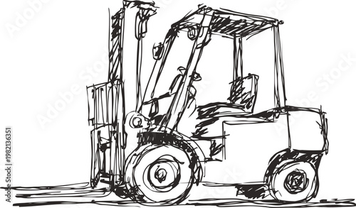 hand drawn forklift sketch industrial vehicle outline with forks for lifting and transporting heavy loads
