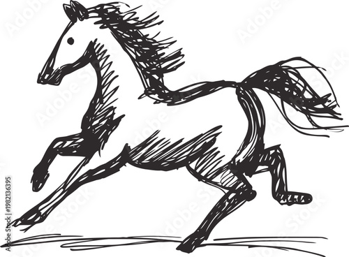 Sketch of a galloping horse in black ink with dynamic flowing mane and tail isolated on white background