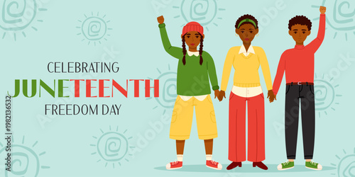 Juneteenth banner with flat style african american people holding hands and raising fists. Unity, equality and freedom day vector illustration