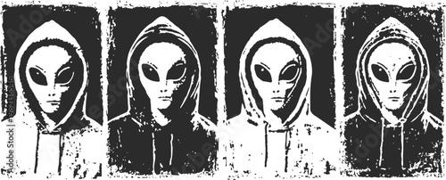 grunge monochrome alien heads in hooded sweatshirts, pop art illustration with distressed texture