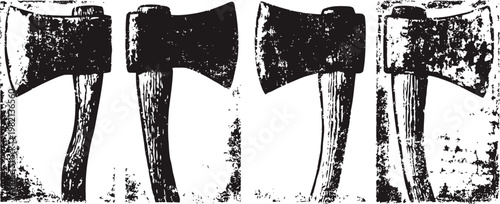 Four vintage grunge axes with wooden handles in different positions and textures