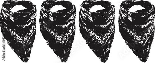 four black and white bandanas folded into triangle shapes with textile texture detail