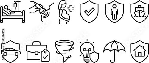 Insurance and Protection Icon Set with Health, Life, Property, Travel, Medical Care, Safety, and Risk Management Outline Vector Collection for Business Design