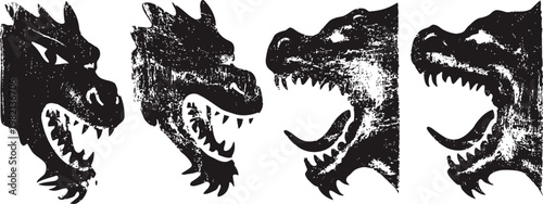 Four black dragon head silhouettes with open jaws and sharp teeth in vintage