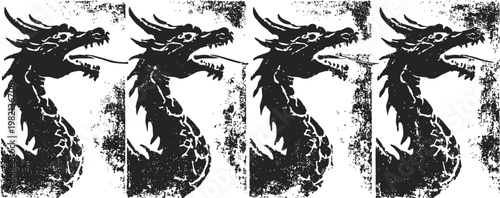 grunge dragon silhouettes in black, vintage oriental serpent head designs in row