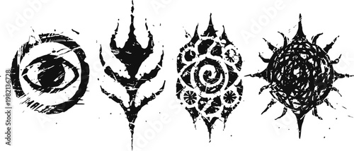 Abstract tribal symbols in black ink with circular and sun like shapes, decorative ethnic design elements