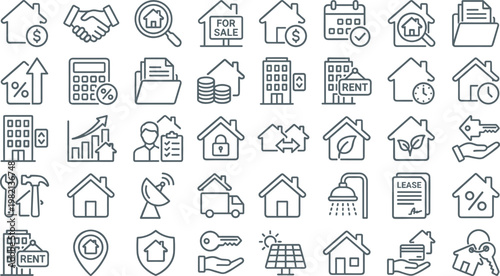 Real Estate and Property Management Icon Set with House, Rent, Sale, Mortgage, Investment, Contracts, and Home Services Outline Vector Collection