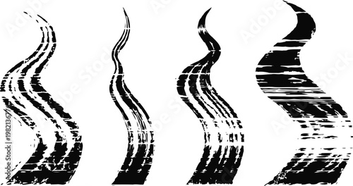 distressed black smoke silhouettes curvy vertical wavy smoke shapes with grunge texture isolated on white background