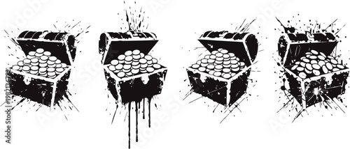 Vintage treasure chest open with shining coins overflowing, black ink splatter design