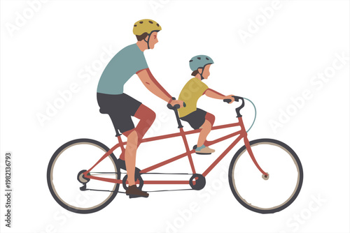 Father and child riding tandem bicycle together wearing safety helmets on red frame touring bike
