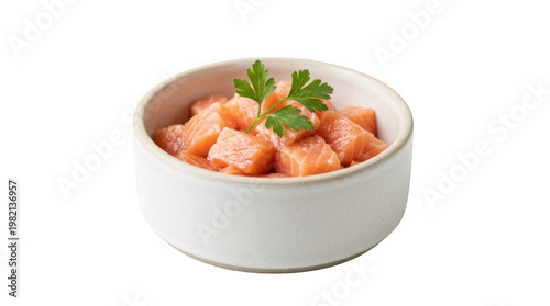 Fresh Salmon Cubes in a White Bowl Garnished with Green Herb on Isolated Background
