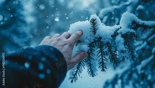 Hands holding snow on a beach in winter season