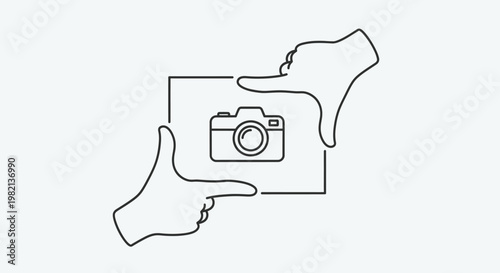 Photos Hands Forming Camera Frame with Simple Camera Outline, Photography Concept on isolated white background