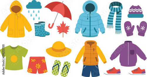 Children’s seasonal clothes set with winter, spring, summer and autumn outfits, kids apparel collection vector illustration