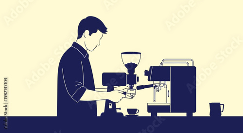 Barista preparing coffee with an espresso machine and grinder.