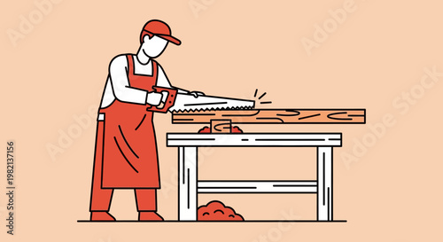 Carpenter cutting wood with a saw on a workbench.