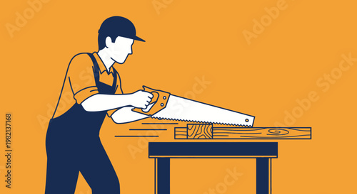 Carpenter sawing wood on a table with a handsaw.