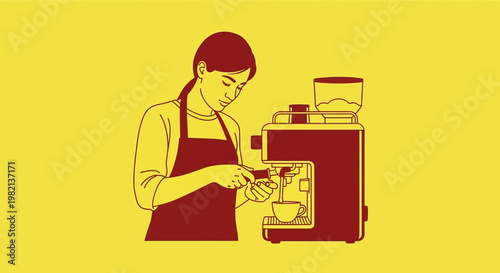 Barista preparing coffee with espresso machine illustration.