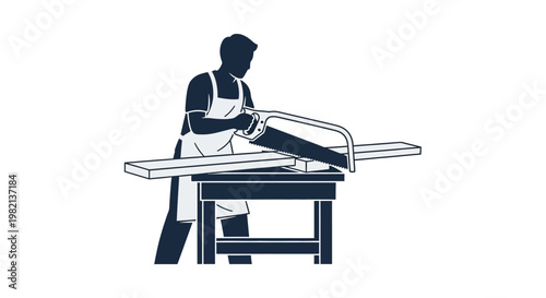 Carpenter sawing wood on workbench illustration.