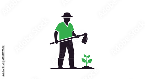 Farmer Planting Seedling with Hoe and Hat.