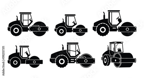 Four black silhouette icons depicting various road rollers and construction vehicles