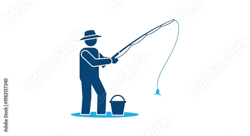 Fisherman stick figure with fishing rod and bucket.