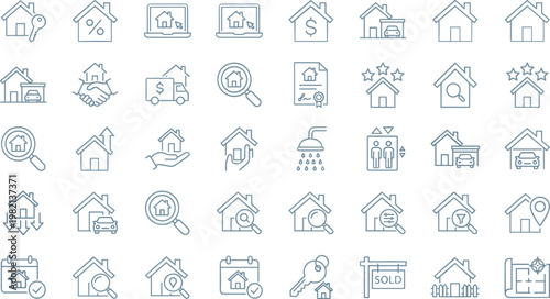 Real Estate and Property Icon Set with House, Investment, Mortgage, Search, Sale, Rent, and Home Services Outline Vector Collection for Housing Market Design