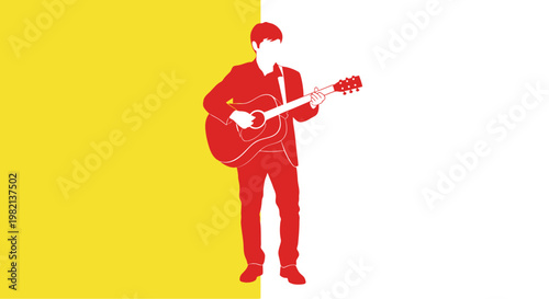 Musician Playing Guitar Silhouette Red Figure.