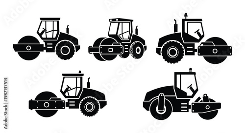 Four black silhouette icons depicting various road rollers and construction vehicles