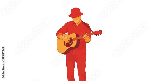 Musician Playing Guitar Silhouette Red Tones.