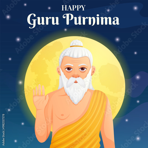 Guru purnima banner featuring a wise spiritual teacher with blessing gesture under a glowing full moon. Festive promotions, social media designs template