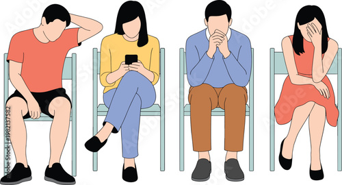 Diverse group of people sitting in chairs waiting for interview or results with anxious and stressed body language flat vector illustration
