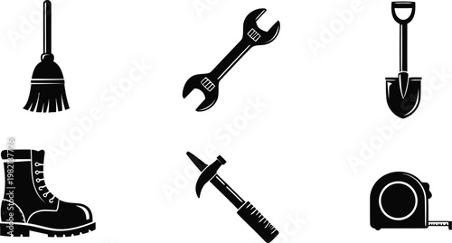 Black silhouette icons of cleaning and construction tools