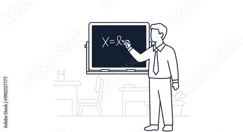 Teacher writing on blackboard in classroom setting.