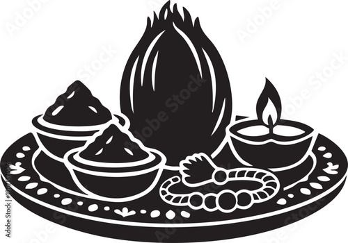 Traditional indian prayer puja thali featuring a coconut diya lamp and vermilion bowls for celebrating religious Hindu festival occasions