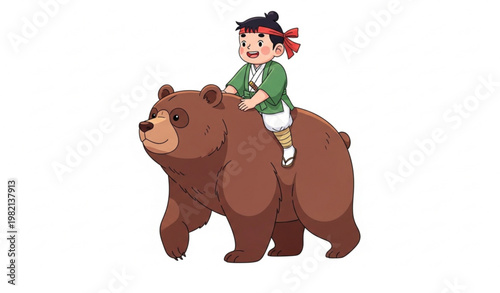 Fairy tale Kintaro riding bear vector with cute Japanese folklore scene