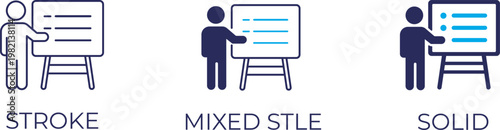 Training icon set with workshop, coaching, online education, and professional development symbols in editable stroke, outline, and solid.