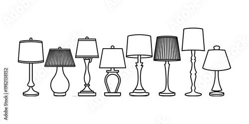 Eight diverse table lamps in black outline on white background for interior home decor lamp collection