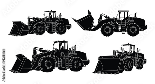 Silhouettes of various construction loaders and heavy machinery equipment