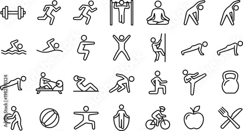Fitness and Workout Icon Set with Exercise Activities, Gym Training, Yoga Poses, Running, Strength Training, and Healthy Lifestyle Outline Vector Collection