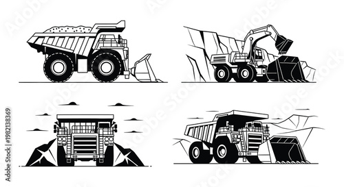 Four black silhouettes of large mining dump trucks on a white background
