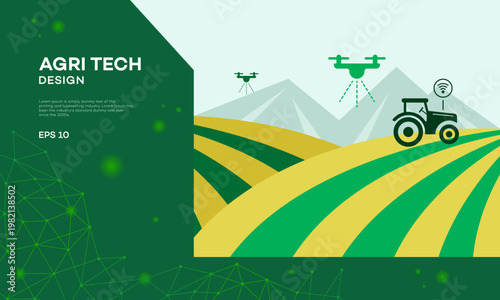 Modern agri tech design featuring drones spraying over green and yellow farm fields, with a smart tractor in a precision agriculture landscape illustration.